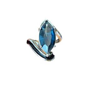 Estate Blue Sapphire Topaz Rhinestone Silver Marquise Bypass Ring RHOD E.P. S/A